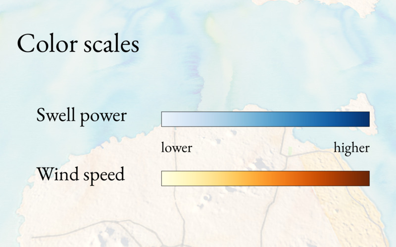 Color scales used to denote swell power and wind speed